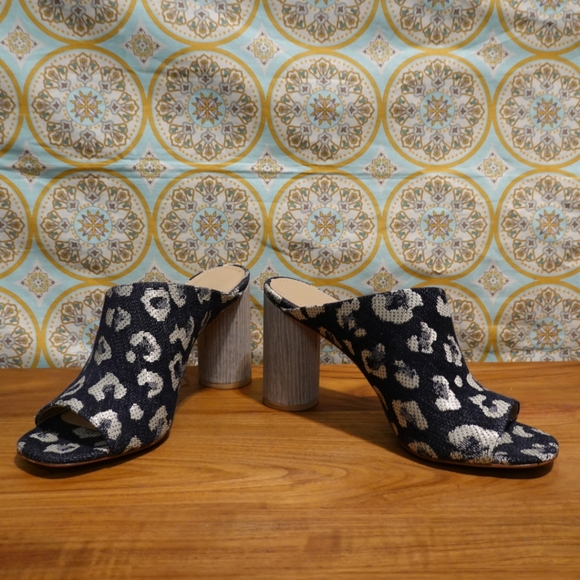 POUR LA VICTOIRE Indigo Hued Leopard Patterned Mules with Cylindrical Heel, 7½ - Picture 3 of 8